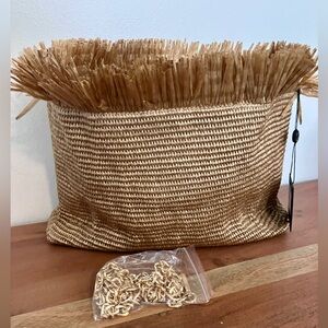 Woven fringed bag with gold chain strap
